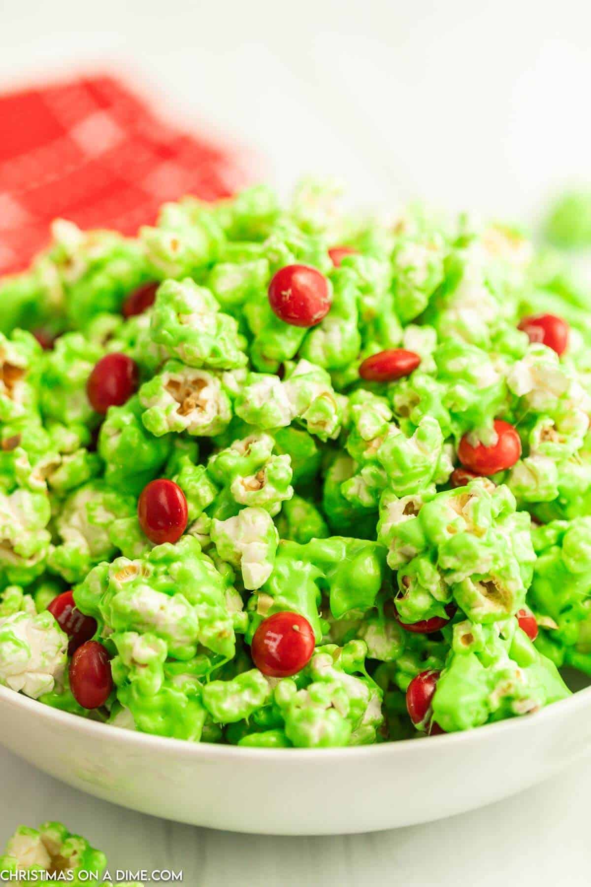 Grinch Popcorn in a white bowl