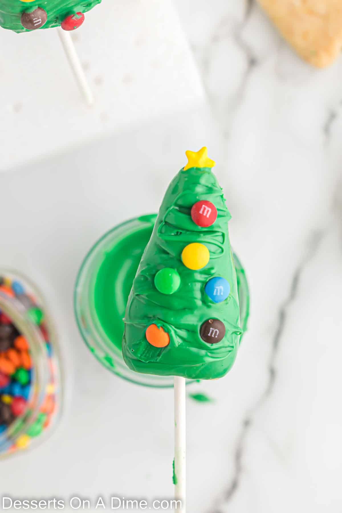 Christmas Tree Cake Pops decorated with M&M