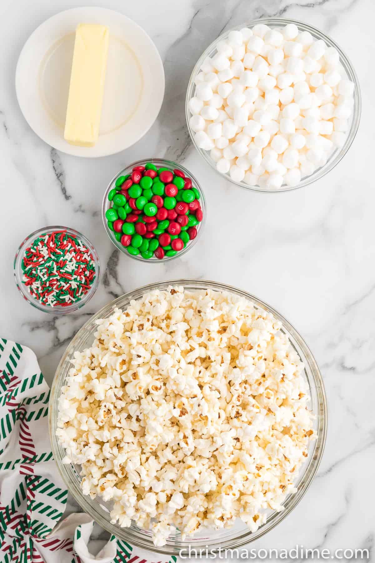 Ingredients needed - popcorn, butter, marshmallows, m&ms, sprinkles