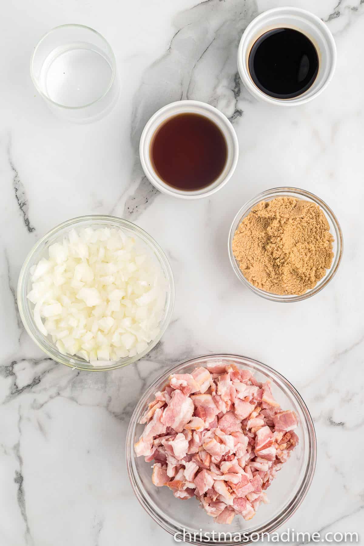 Bacon, onions, vinegar, brown sugar, water