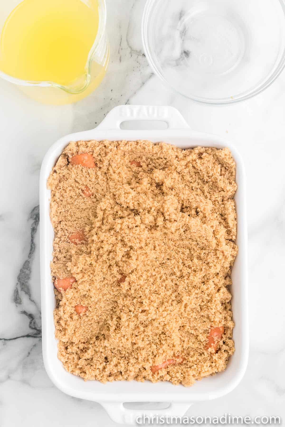 Brown sugar topped the beanie weenies in the baking dish
