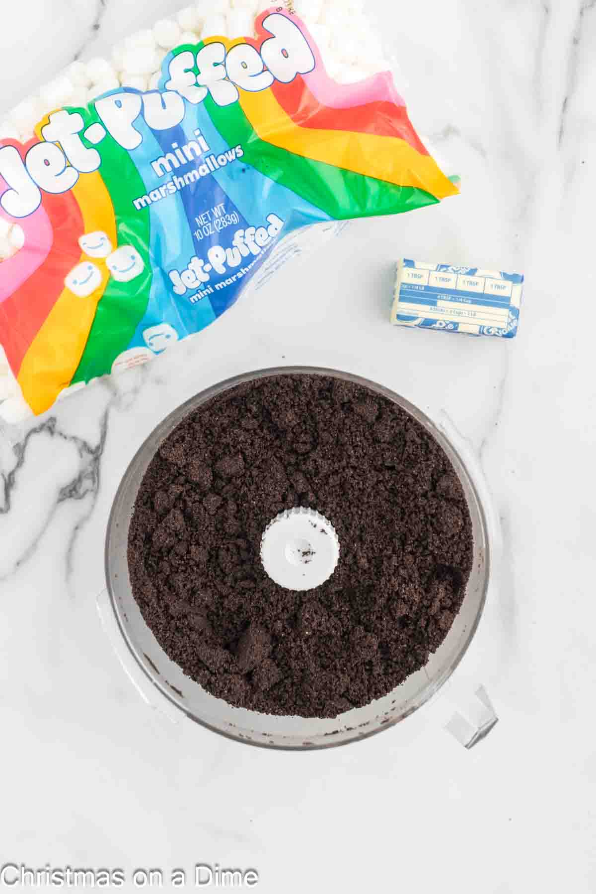 Crushed Oreos in a food processor