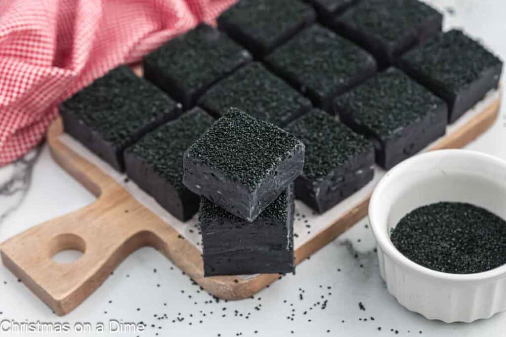 Christmas Coal Fudge Stacked on a platter